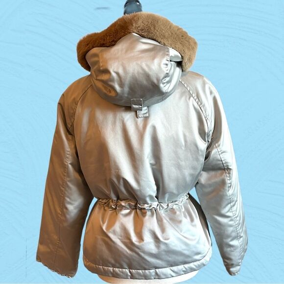 Max Mara Weekend silver winter jacket cinched waist rabbit fur hood. - Picture 4 of 12